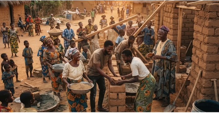 Community members in Bayelsa working together on rebuilding after flooding